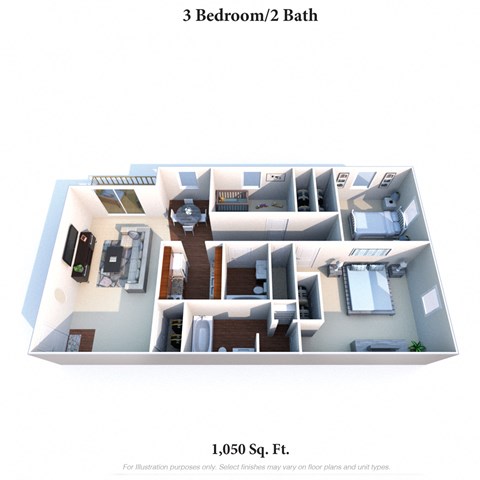 Floor plan for 3 beds, 2 baths, 1050 sqft